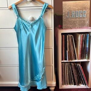 Vintage 90s Y2K Fairy Slip Rose Cinderella Blue Bow Lingerie Mini Dress Medium M